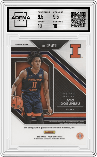 Ayo Dosunmu from the 2021-22 Panini Prizm Draft Picks set featuring a Choice Red Prizm parallel graded by Arena Club and given an overall grade of 10.