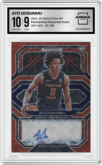 Ayo Dosunmu from the 2021-22 Panini Prizm Draft Picks set featuring a Choice Red Prizm parallel graded by Arena Club and given an overall grade of 10.