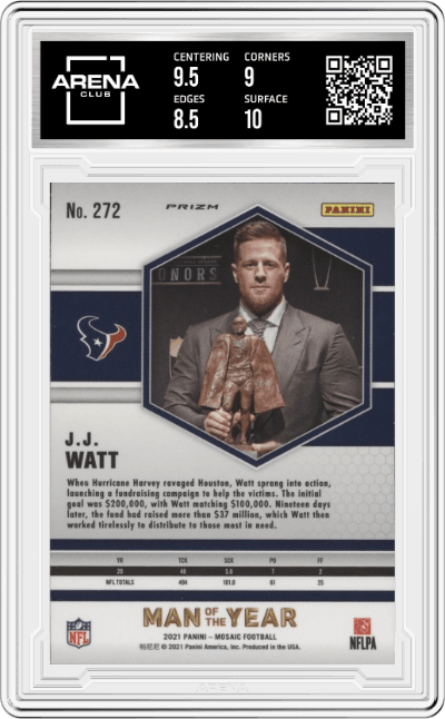 J.J. Watt from the 2021 Panini Mosaic set featuring a Genesis parallel graded by Arena Club and given an overall grade of 9.