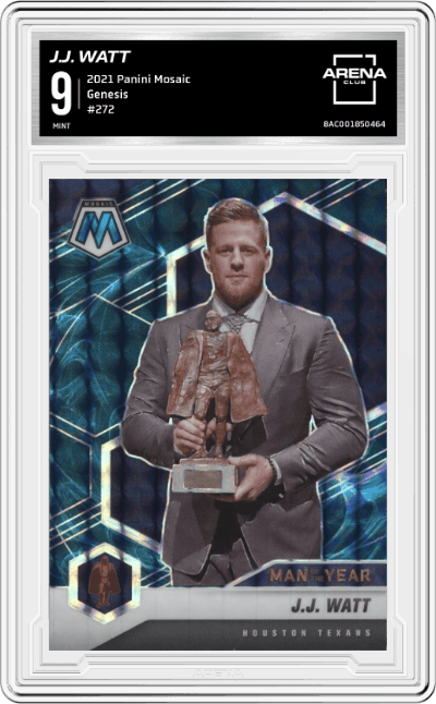 J.J. Watt from the 2021 Panini Mosaic set featuring a Genesis parallel graded by Arena Club and given an overall grade of 9.