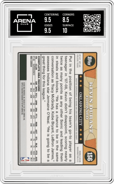 Kevin Durant from the 2008-09 Topps set graded by Arena Club and given an overall grade of 9.