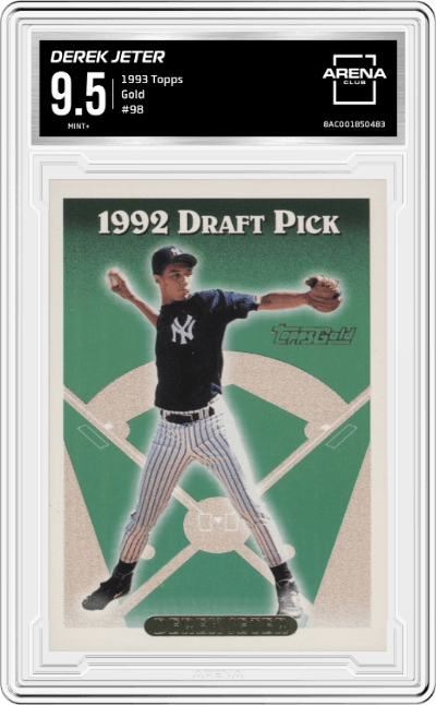 Derek Jeter from the 1993 Topps set featuring a Gold  parallel graded by Arena Club and given an overall grade of 9.5.