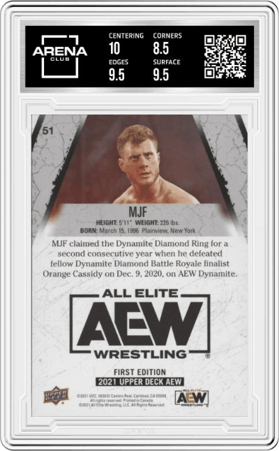 MJF from the 2021 Upper Deck AEW All Elite Wrestling set graded by Arena Club and given an overall grade of 9.