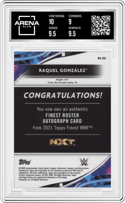 Raquel González from the 2021 Topps Finest WWE  set graded by Arena Club and given an overall grade of 9.5.