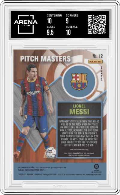 Lionel Messi from the 2020-21 Panini Mosaic La Liga set featuring a Mosaic parallel graded by Arena Club and given an overall grade of 9.5.