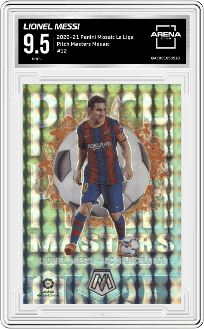 Lionel Messi from the 2020-21 Panini Mosaic La Liga set featuring a Mosaic parallel graded by Arena Club and given an overall grade of 9.5.