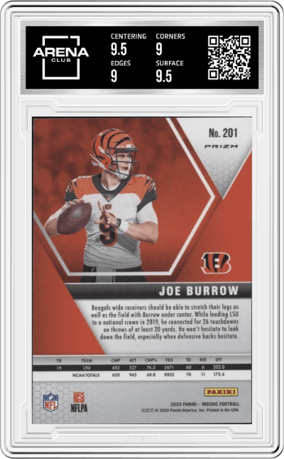 Joe Burrow from the 2020 Panini Mosaic set featuring a Reactive Orange parallel graded by Arena Club and given an overall grade of 9.5.