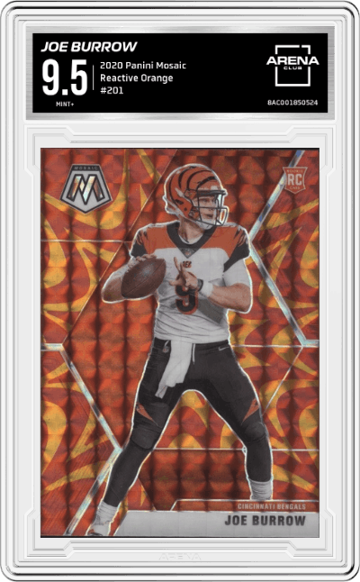 Joe Burrow from the 2020 Panini Mosaic set featuring a Reactive Orange parallel graded by Arena Club and given an overall grade of 9.5.