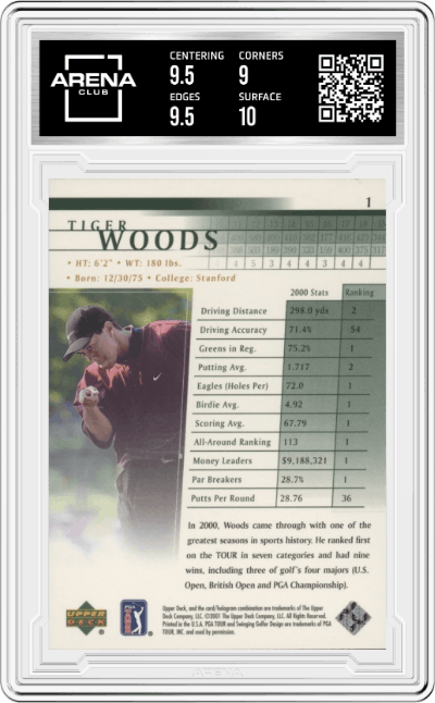 Tiger Woods from the 2001 Upper Deck set graded by Arena Club and given an overall grade of 9.5.