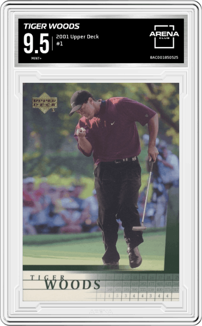 Tiger Woods from the 2001 Upper Deck set graded by Arena Club and given an overall grade of 9.5.