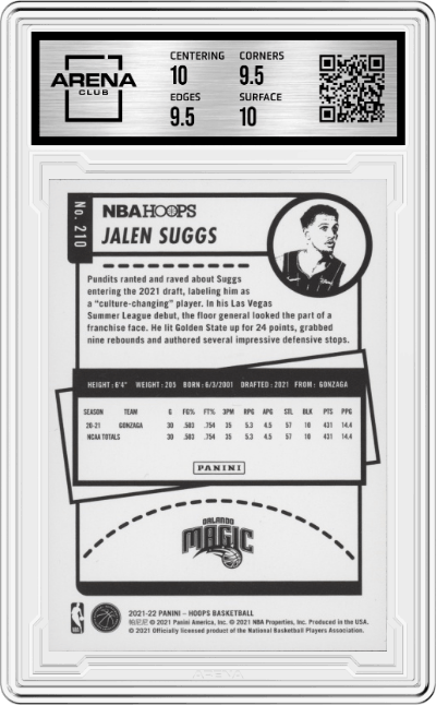 Jalen Suggs from the 2021-22 Panini NBA Hoops set graded by Arena Club and given an overall grade of 10.