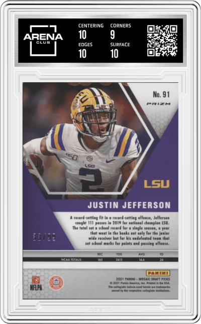 Justin Jefferson from the 2021 Panini Mosaic Draft Picks  set featuring a Red Mosaic parallel graded by Arena Club and given an overall grade of 9.5.