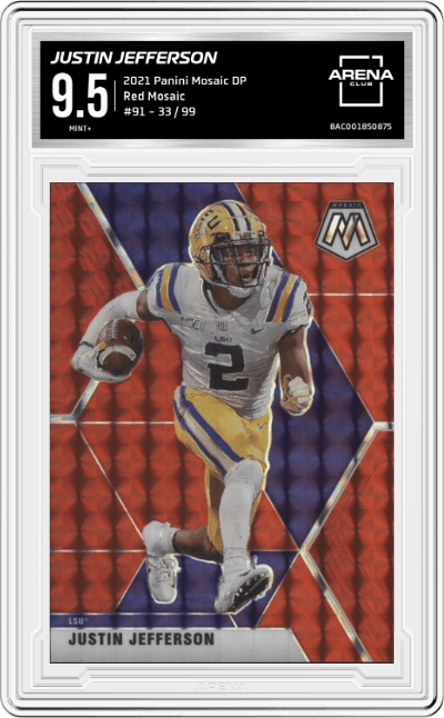 Justin Jefferson from the 2021 Panini Mosaic Draft Picks  set featuring a Red Mosaic parallel graded by Arena Club and given an overall grade of 9.5.