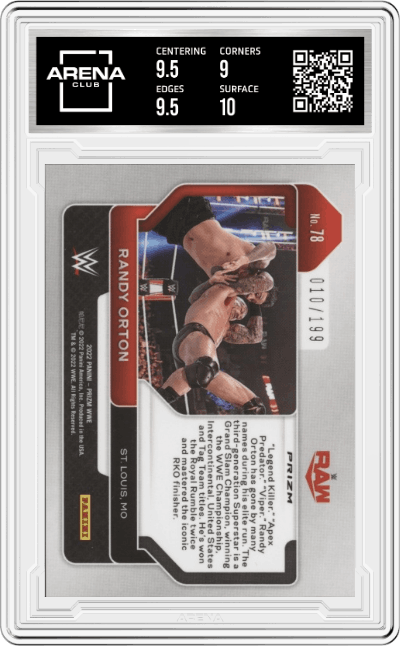 Randy Orton from the 2022 Panini Prizm WWE Debut Edition  set featuring a Blue Prizm parallel graded by Arena Club and given an overall grade of 9.5.