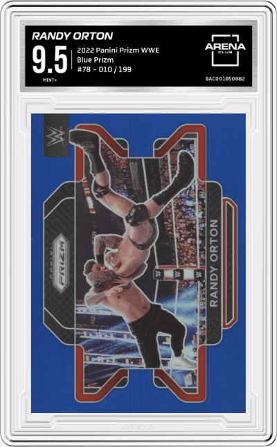 Randy Orton from the 2022 Panini Prizm WWE Debut Edition  set featuring a Blue Prizm parallel graded by Arena Club and given an overall grade of 9.5.
