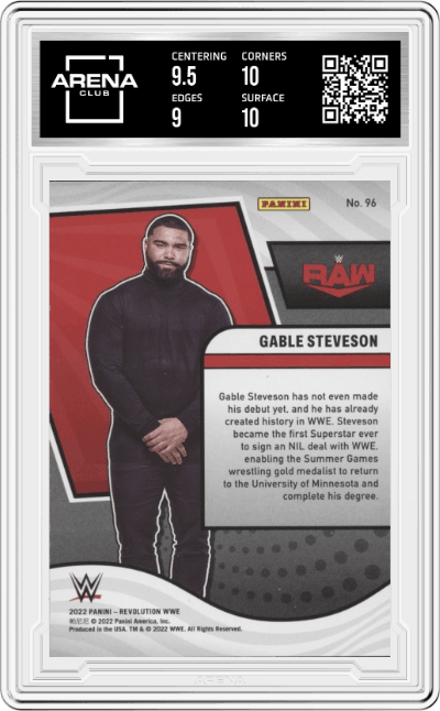 Gable Steveson from the 2022 Panini Revolution WWE Debut Edition Wrestling set graded by Arena Club and given an overall grade of 9.5.