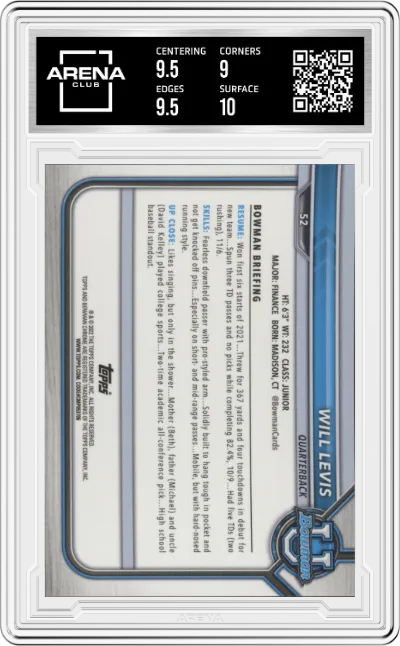 Will Levis from the 2021-22 Bowman University set graded by Arena Club and given an overall grade of 9.5.