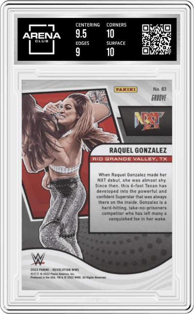 Raquel Gonzalez from the 2022 Panini Revolution WWE Debut Edition Wrestling set featuring a Groove parallel graded by Arena Club and given an overall grade of 9.5.