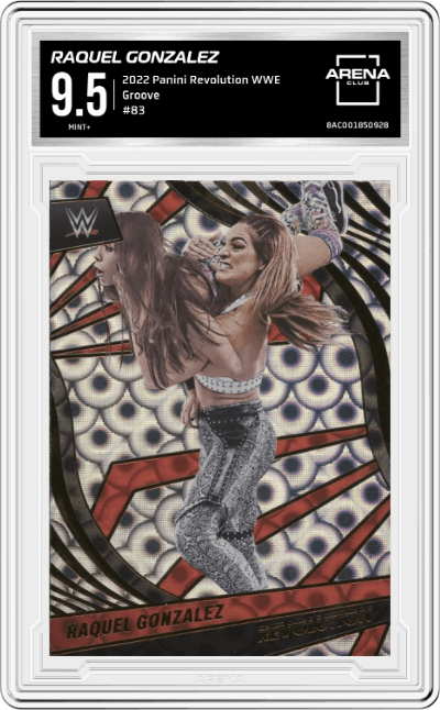Raquel Gonzalez from the 2022 Panini Revolution WWE Debut Edition Wrestling set featuring a Groove parallel graded by Arena Club and given an overall grade of 9.5.