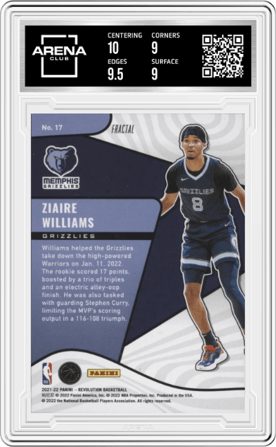 Ziaire Williams from the 2021-22 Panini Revolution  set featuring a Fractal parallel graded by Arena Club and given an overall grade of 9.5.