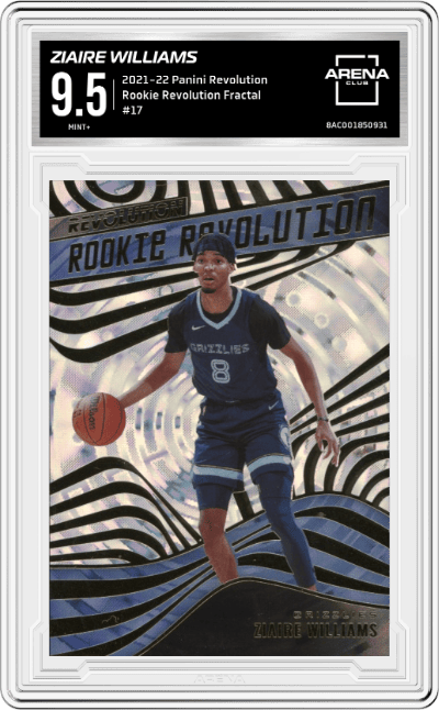 Ziaire Williams from the 2021-22 Panini Revolution  set featuring a Fractal parallel graded by Arena Club and given an overall grade of 9.5.