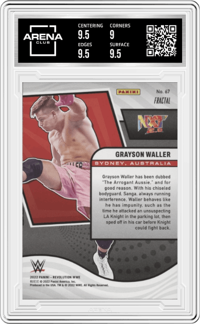 Grayson Waller from the 2022 Panini Revolution WWE Debut Edition Wrestling set featuring a Fractal parallel graded by Arena Club and given an overall grade of 9.5.