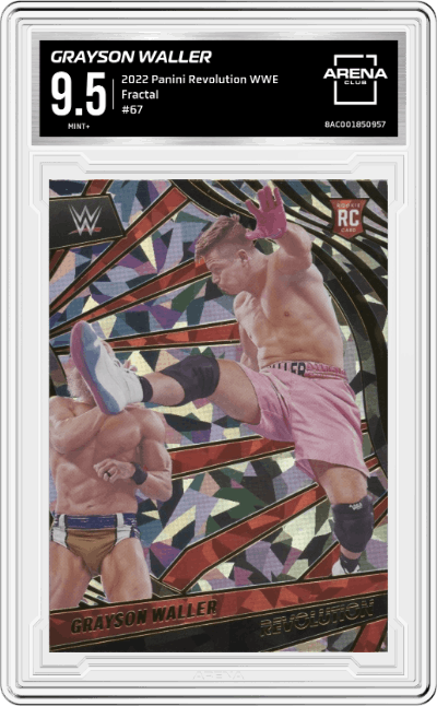 Grayson Waller from the 2022 Panini Revolution WWE Debut Edition Wrestling set featuring a Fractal parallel graded by Arena Club and given an overall grade of 9.5.