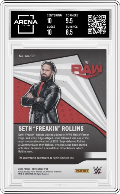 Seth “Freakin” Rollins from the 2022 Panini Revolution WWE Debut Edition Wrestling set graded by Arena Club and given an overall grade of 9.