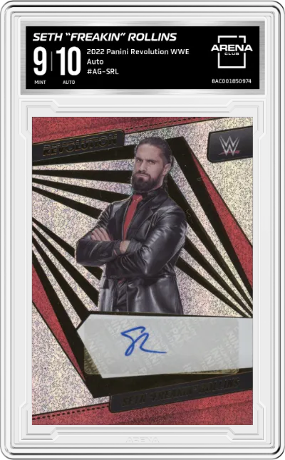 Seth “Freakin” Rollins from the 2022 Panini Revolution WWE Debut Edition Wrestling set graded by Arena Club and given an overall grade of 9.