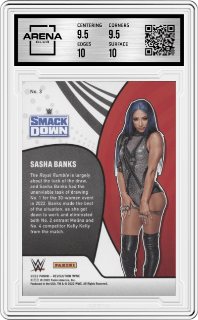 Sasha Banks from the 2022 Panini Revolution WWE Debut Edition Wrestling set graded by Arena Club and given an overall grade of 10.