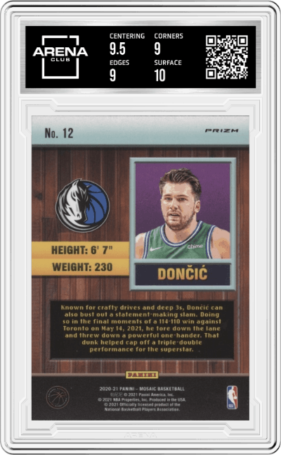 Luka Doncic from the 2020-21 Panini Mosaic set featuring a Green Mosaic  parallel graded by Arena Club and given an overall grade of 9.5.
