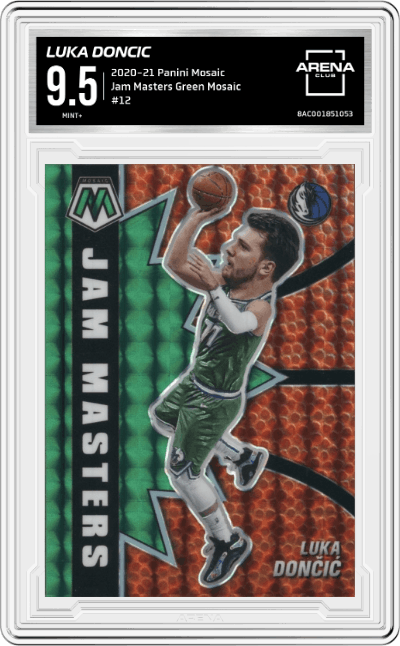 Luka Doncic from the 2020-21 Panini Mosaic set featuring a Green Mosaic  parallel graded by Arena Club and given an overall grade of 9.5.