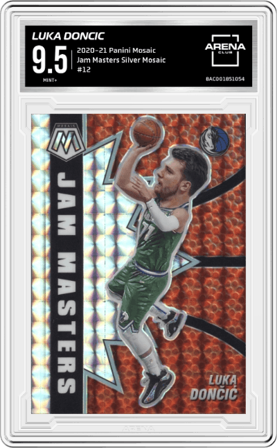 Luka Doncic from the 2020-21 Panini Mosaic set featuring a Silver Mosaic parallel graded by Arena Club and given an overall grade of 9.5.