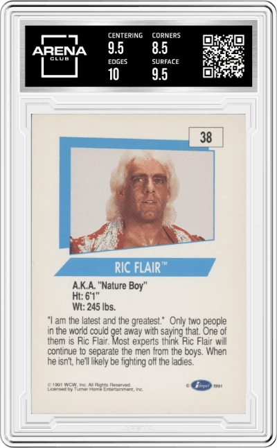 Ric Flair from the 1991 Impel WCW Wrestling  set graded by Arena Club and given an overall grade of 9.