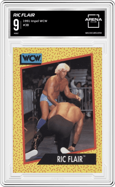 Ric Flair from the 1991 Impel WCW Wrestling  set graded by Arena Club and given an overall grade of 9.