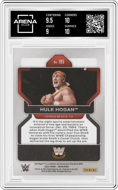Hulk Hogan from the 2022 Panini Prizm WWE Debut Edition Wrestling set graded by Arena Club and given an overall grade of 9.5.