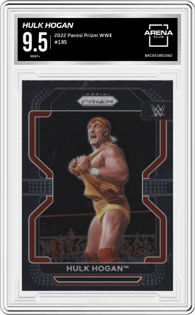 Hulk Hogan from the 2022 Panini Prizm WWE Debut Edition Wrestling set graded by Arena Club and given an overall grade of 9.5.
