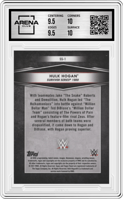 Hulk Hogan from the 2021 Topps Finest WWE  set graded by Arena Club and given an overall grade of 10.