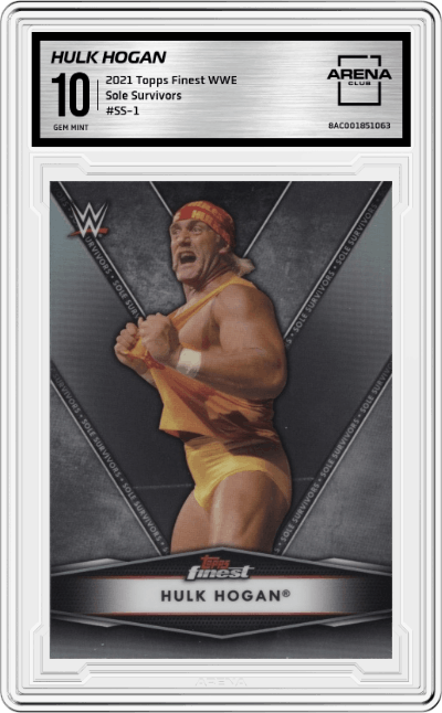 Hulk Hogan from the 2021 Topps Finest WWE  set graded by Arena Club and given an overall grade of 10.