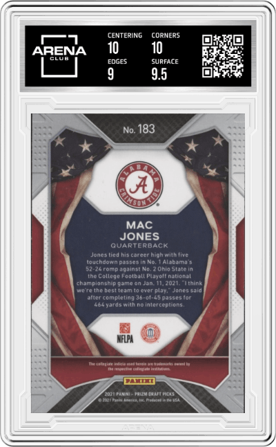 Mac Jones from the 2021 Panini Prizm Draft Picks set featuring a Prizm parallel graded by Arena Club and given an overall grade of 9.5.