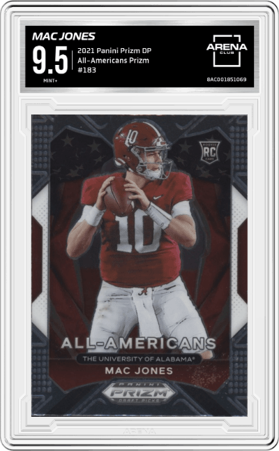 Mac Jones from the 2021 Panini Prizm Draft Picks set featuring a Prizm parallel graded by Arena Club and given an overall grade of 9.5.