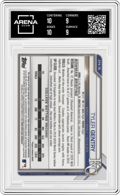 Tyler Gentry from the 2021 Bowman Chrome set graded by Arena Club and given an overall grade of 9.5.