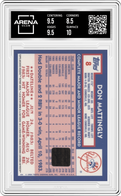 Don Mattingly from the 2001 Topps Archives Reserve set featuring a Bat parallel graded by Arena Club and given an overall grade of 9.