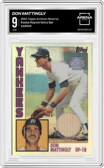 Don Mattingly from the 2001 Topps Archives Reserve set featuring a Bat parallel graded by Arena Club and given an overall grade of 9.