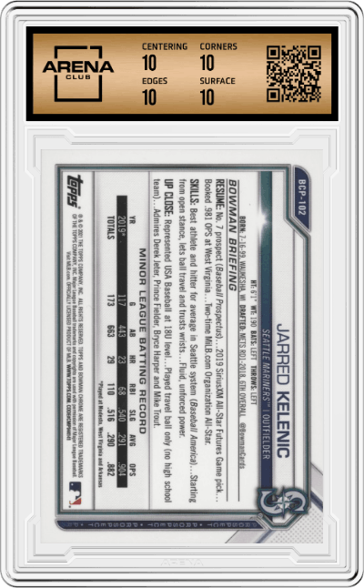 Jarred Kelenic from the 2021 Bowman set featuring a Refractor Speckle parallel graded by Arena Club and given an overall grade of 10.