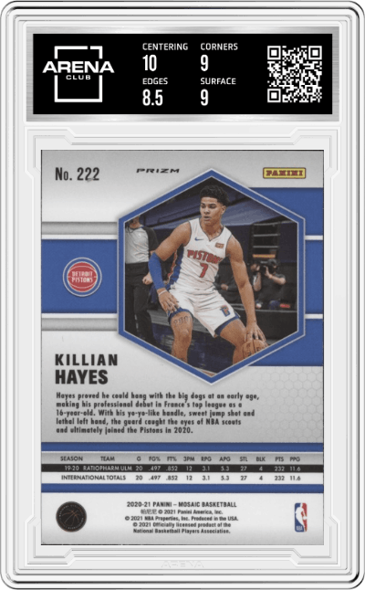 Killian Hayes from the 2020-21 Panini Mosaic set featuring a Green Mosaic parallel graded by Arena Club and given an overall grade of 9.