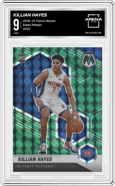 Killian Hayes from the 2020-21 Panini Mosaic set featuring a Green Mosaic parallel graded by Arena Club and given an overall grade of 9.