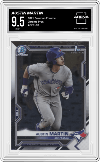 Austin Martin from the 2021 Bowman Chrome  set graded by Arena Club and given an overall grade of 9.5.