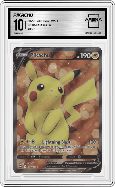 Pikachu from the 2022 Pokemon SWSH set graded by Arena Club and given an overall grade of 10.