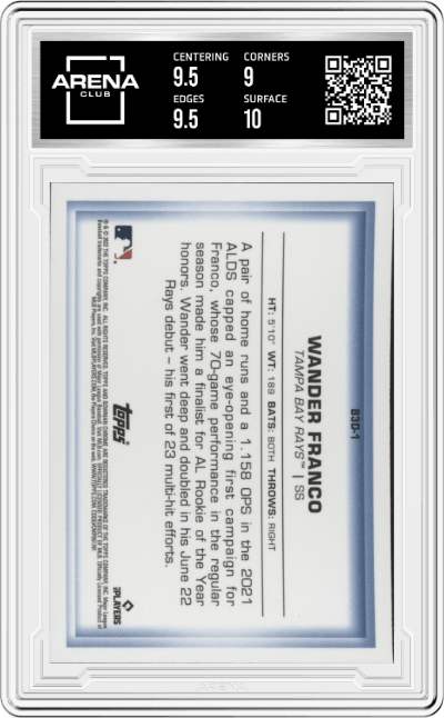 Wander Franco from the 2022 Bowman set graded by Arena Club and given an overall grade of 9.5.